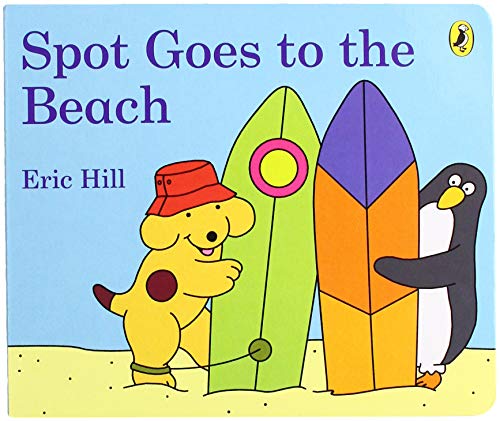 Spot the dog and a penguin with colorful surfboards on sand.