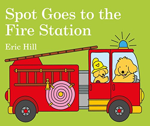 Red fire engine with Spot the dog and a firefighter.