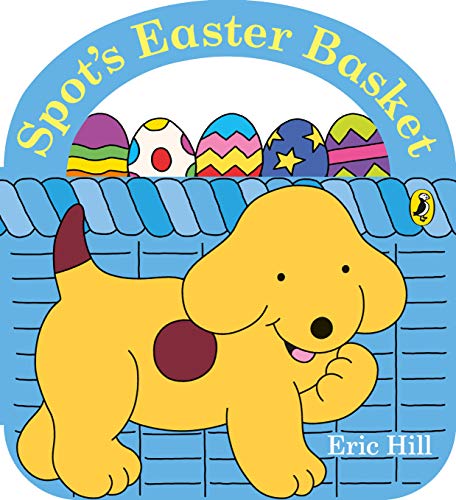 Yellow puppy Spot looks at a woven basket filled with colorful eggs.