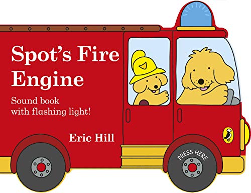 Red fire engine shaped book with cartoon dogs inside.