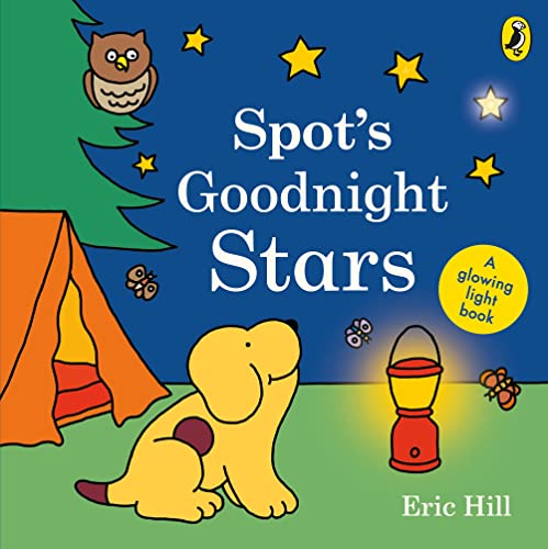 Spot the puppy camping under stars with an owl and lantern.