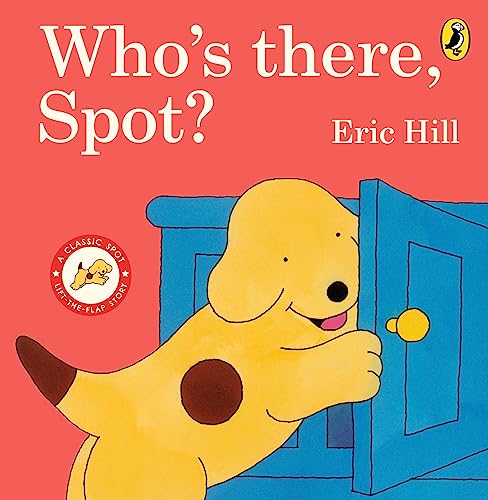 Yellow spotted puppy, Spot, peeks through a partially open blue door.