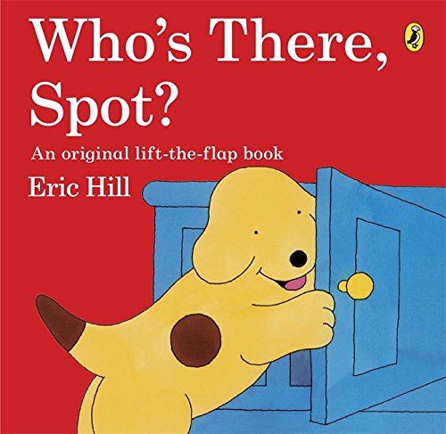 "Children's book cover featuring a yellow dog peeking behind a blue door on red background."