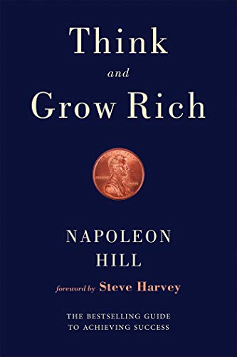 Book cover of Think and Grow Rich by Napoleon Hill with a penny image.