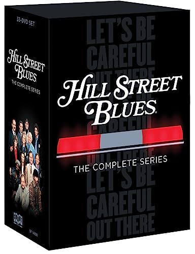 Black DVD box for “Hill Street Blues” with cast photos and red light bar.