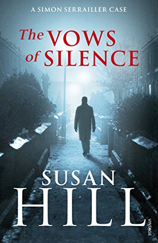 "Book cover of 'The Vows of Silence' by Susan Hill, featuring a man walking down a misty alley."