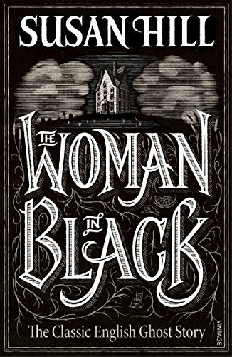 Book cover: "The Woman in Black" with a haunted house illustration.