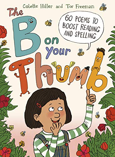 Book cover with a girl pointing at a letter “B” on her thumb.