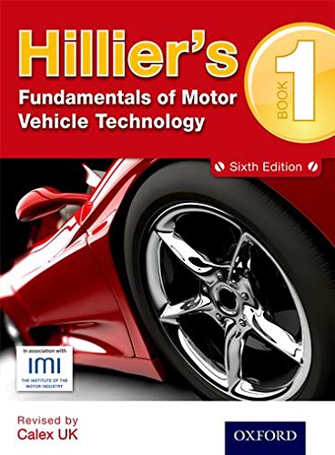 Red textbook cover with car image, title “Hillier’s Fundamentals of Motor Vehicle Technology”.