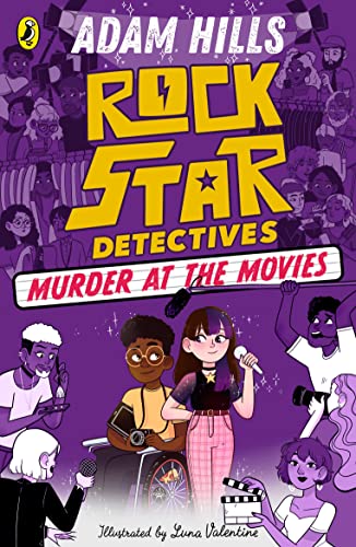 Book cover featuring two young detectives surrounded by a crowd on a purple background.