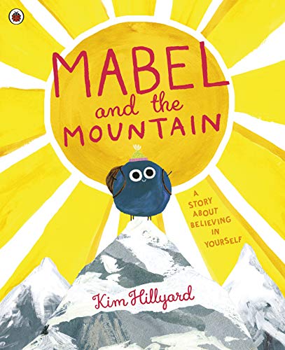 A small blue creature in a hat stands on a snowy mountain before a sun.