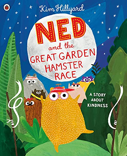 Book cover illustration showing several hamsters in a garden under a large moon.