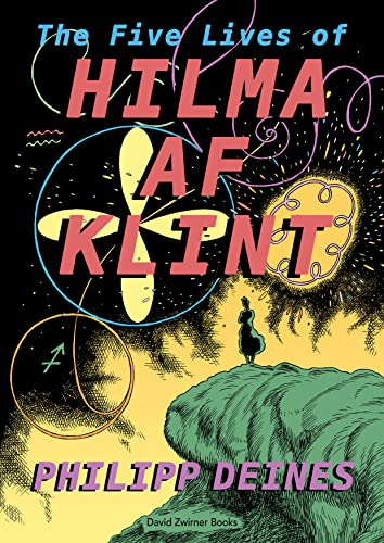 Book cover with stylized pink text, abstract line art, and a figure on a cliff.
