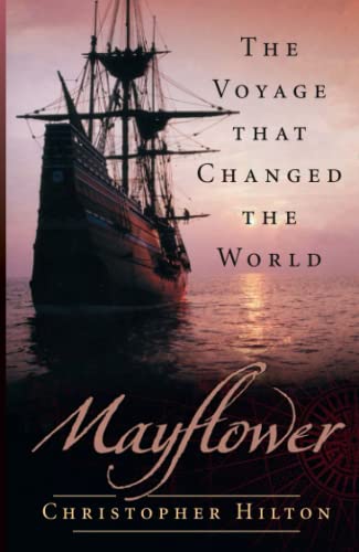 Book cover depicting the Mayflower sailing on a sunset ocean.