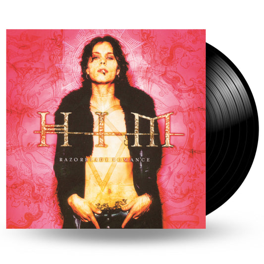 Vinyl record cover for HIM Razorblade Romance featuring a person on a pink background.