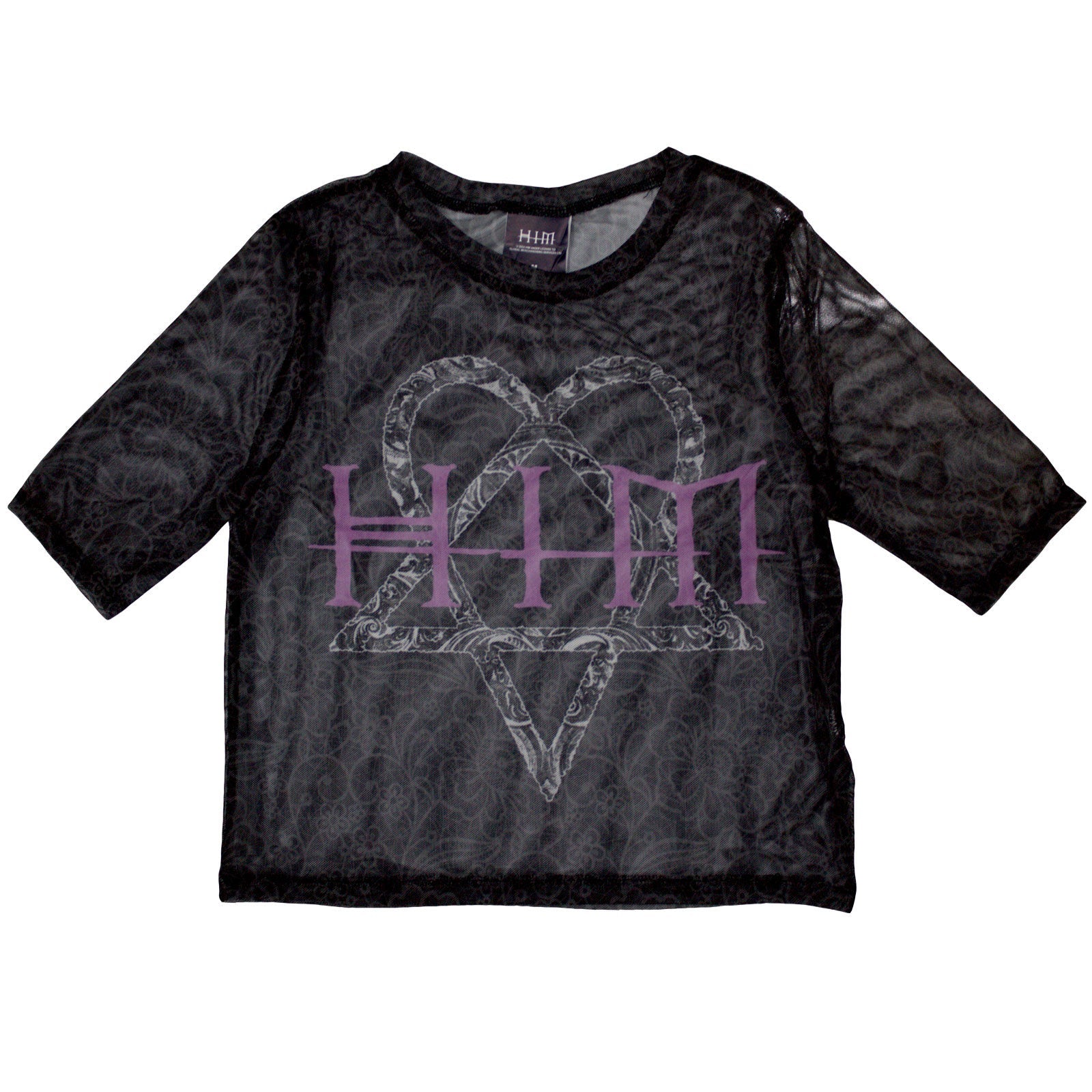 Black mesh crop top featuring a white HIM heartagram logo on the front.