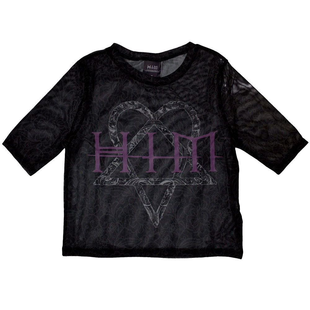 Black mesh crop top with white HIM Heartagram and logo, extra small size.