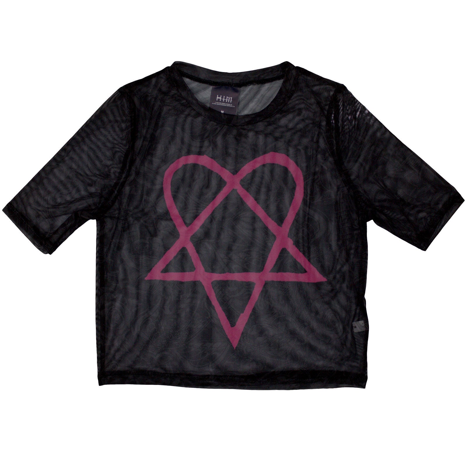 Pink mesh crop top with a black heartagram design, size large.
