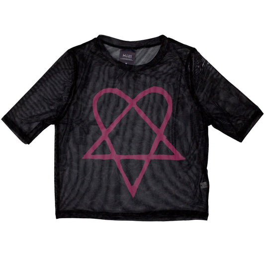 Pink mesh crop top with a black heartagram design, size large.