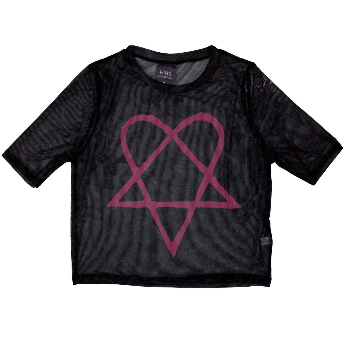Pink mesh crop top with a black heartagram design, size large.
