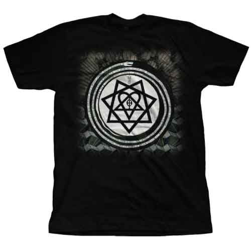 Black t-shirt with a white and grey circular symbol design.