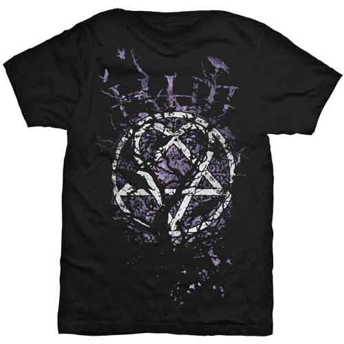 A man wearing a black t-shirt with a purple pentagram and crow graphic print.
