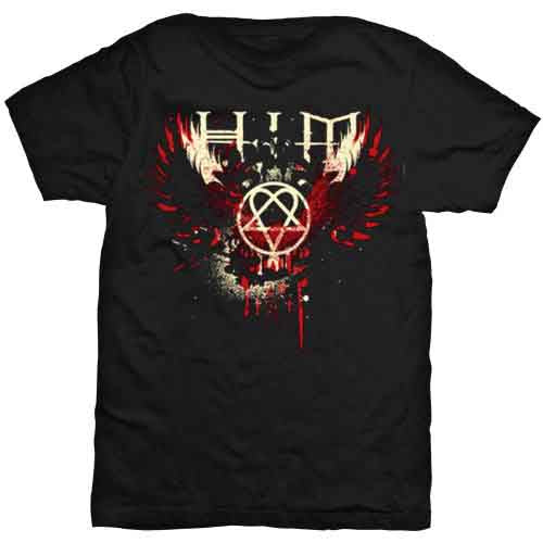 Black t-shirt with a white and red winged heart design, worn by a man.