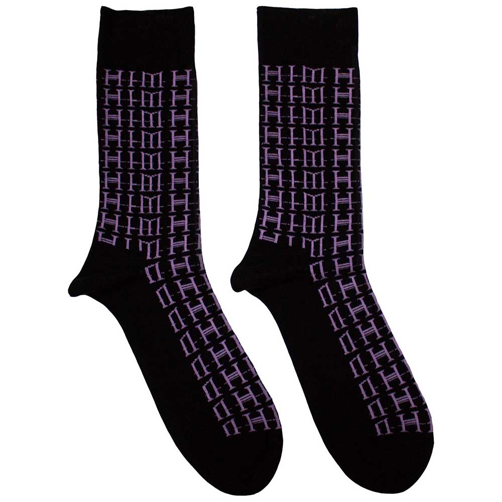 Pair of black ankle socks featuring a repeating white HIM logo pattern.
