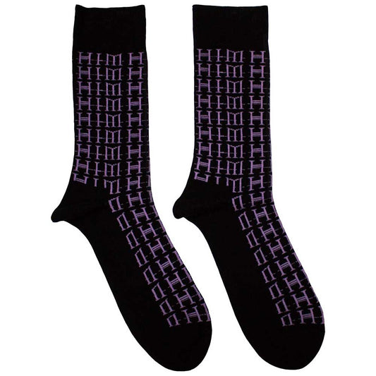 Pair of black ankle socks featuring a repeating white HIM logo pattern.