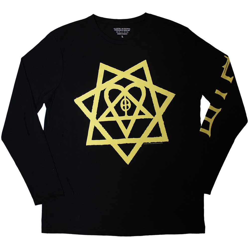 Black long sleeve t-shirt with a honeycomb heartagram design on the sleeves.