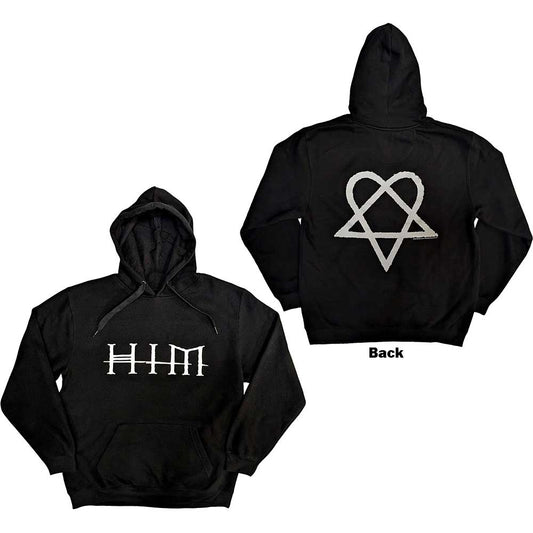 Dark-colored unisex pullover hoodie with a logo design printed on the back.
