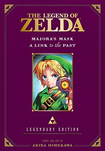 The Legend of Zelda manga cover featuring Link holding Majora's Mask on purple background.