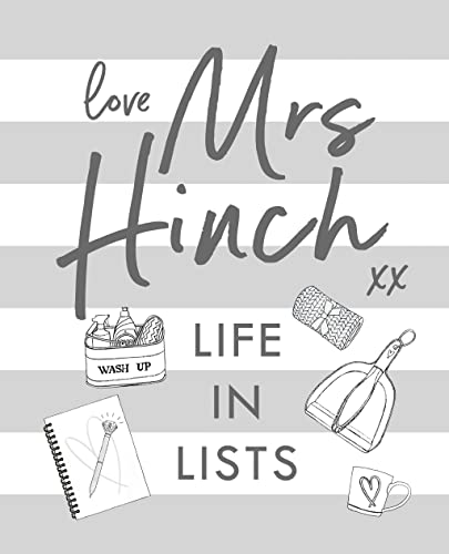 Book cover: “Mrs Hinch: Life in Lists” with cleaning supplies illustration.