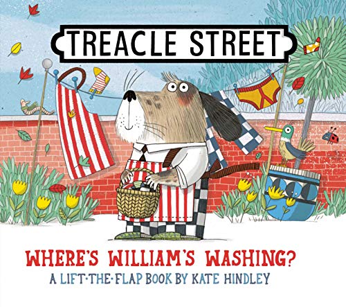 Dog with laundry on a line, illustrated children’s book cover.