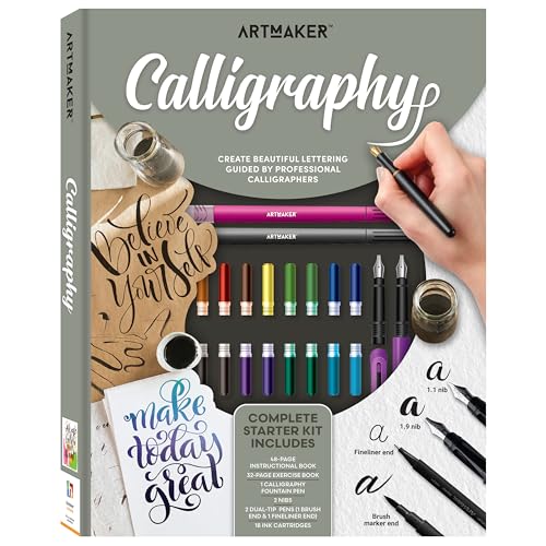 Book cover for "Art Maker Calligraphy" with pens, ink, and lettering examples.