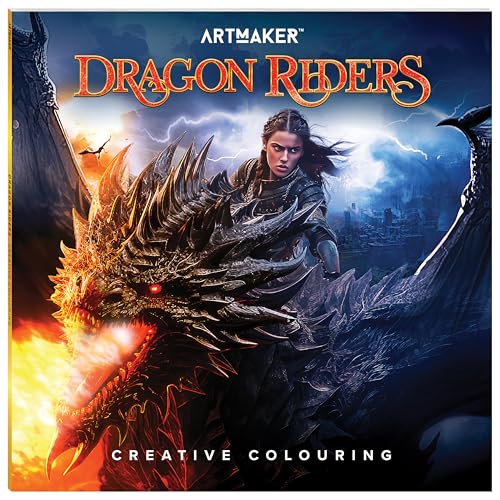 Dragon Riders colouring book cover with a rider on a blue dragon.