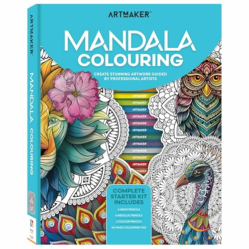 “Art Maker Mandala Colouring” book cover with colourful animal and floral designs.