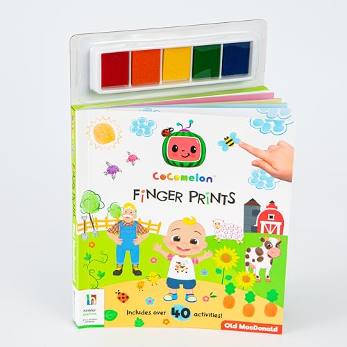 CoComelon fingerprint activity book with colorful ink pads on top.