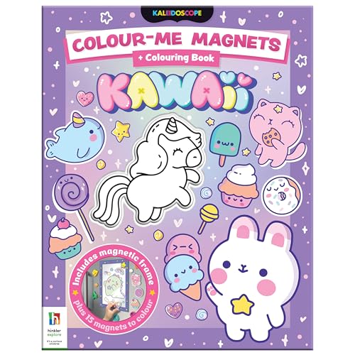 Kawaii-themed coloring book with magnetic shapes of animals and sweets.