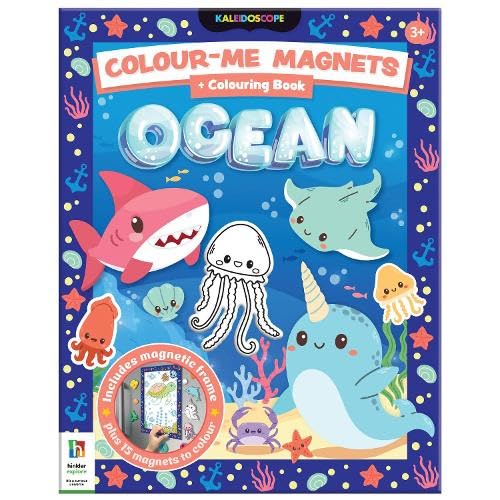Ocean-themed colouring book with magnetic pieces, featuring a shark, whale, and octopus.