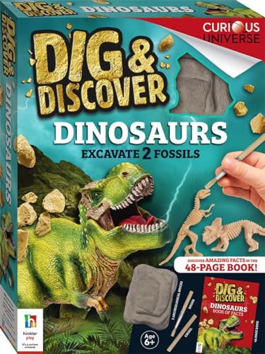 Dinosaur excavation kit box with a T-Rex, tools, and fossils shown.
