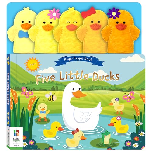 Finger puppet book cover with five yellow ducklings and a white duck.
