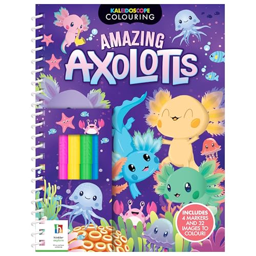 Spiral-bound coloring book featuring cartoon axolotls and underwater scenes.