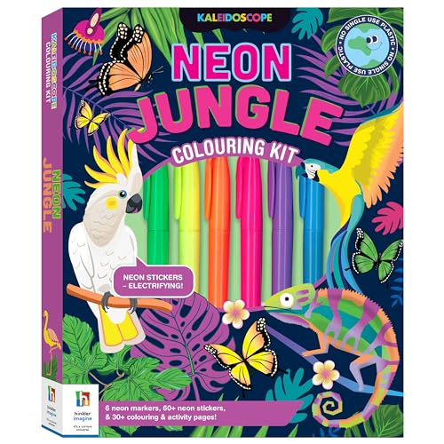 Neon jungle colouring kit with bright markers, animals, and butterflies.