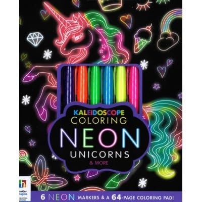 Neon unicorn coloring kit with six bright markers on a black background.