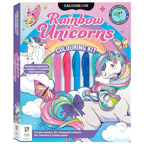 Colouring kit box featuring rainbow unicorns, markers, and butterflies.