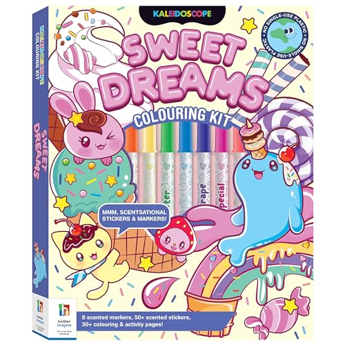 Colouring kit with sweet treats, markers, and stickers, pastel colours.
