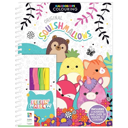 Squishmallows colouring book with markers, featuring animal character illustrations.