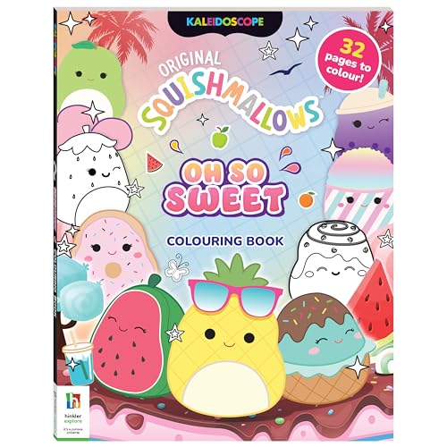Squishmallows colouring book cover featuring cute, colourful food-themed characters.