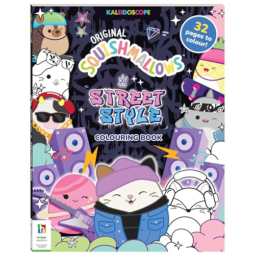 Squishmallows colouring book cover with cartoon characters in street style outfits.